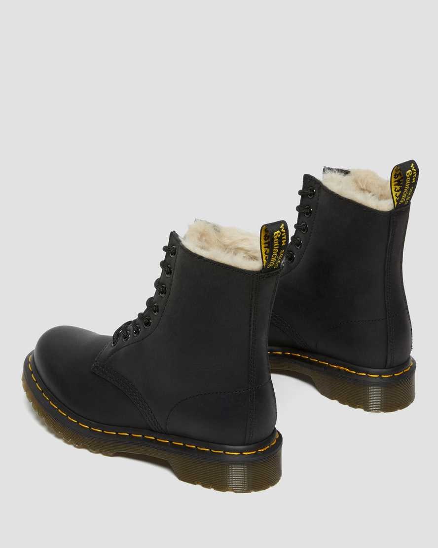 Women's Dr Martens 1460 Faux Fur Lined Lace Up Boots Black Burnished Wyoming | 316VYABEX