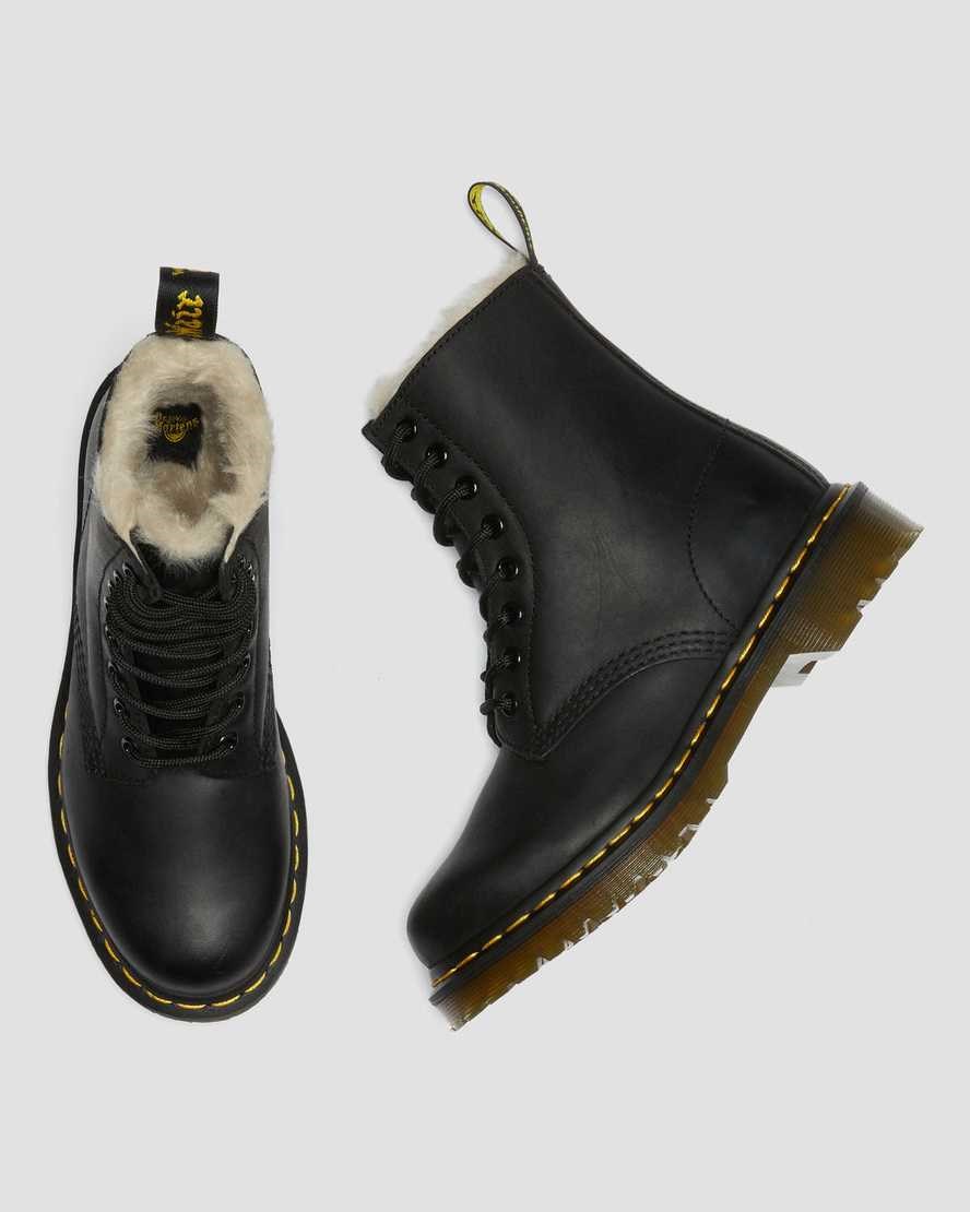 Women's Dr Martens 1460 Faux Fur Lined Lace Up Boots Black Burnished Wyoming | 316VYABEX