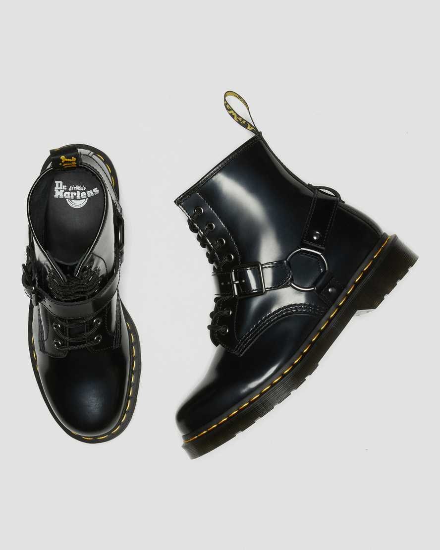 Women's Dr Martens 1460 Harness Leather Lace Up Boots Black Polished Smooth | 572EVKFSO