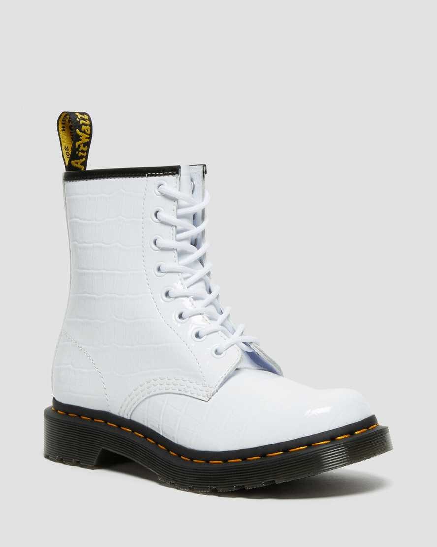 Women\'s Dr Martens 1460 Patent Croc Emboss Leather Patent Boots White Patent Lamper Croc | 671IOSETP