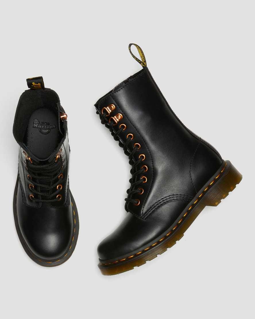 Women's Dr Martens 1490 Rose Gold Hardware Leather Zip Up Boots Black Wanama | 679TMZYDV