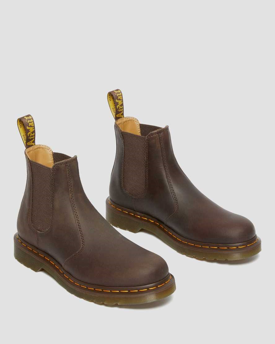 Women's Dr Martens 2976 Yellow Stitch Crazy Horse Leather Chelsea Boots Dark Brown Crazy Horse Leather | 236TAVSDE