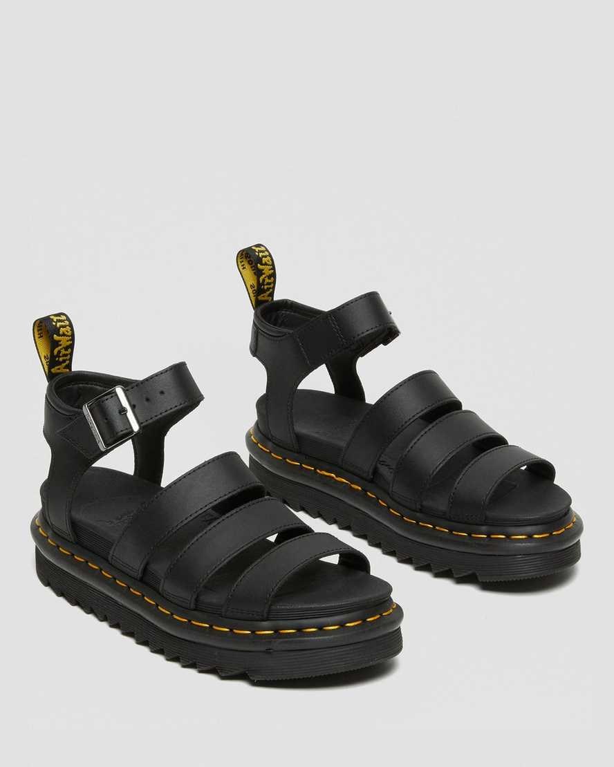 Women's Dr Martens Blaire Hydro Leather Strap Sandals Black Hydro Leather | 256KRMWHU