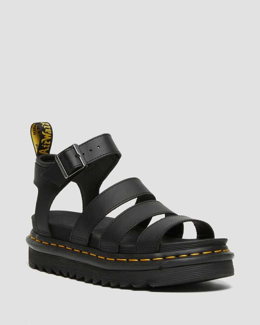 Women\'s Dr Martens Blaire Hydro Leather Strap Sandals Black Hydro Leather | 256KRMWHU