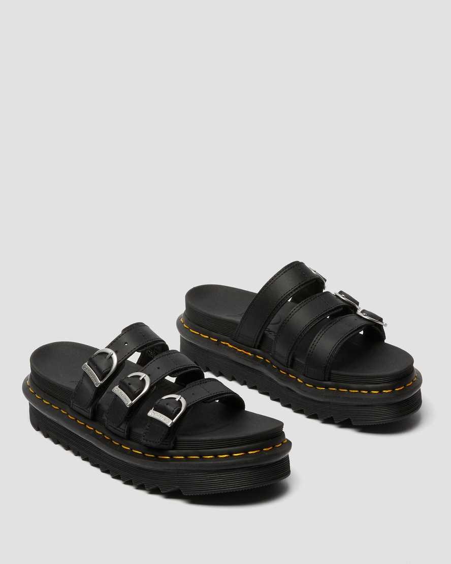 Women's Dr Martens Blaire Leather Slide Sandals Black Hydro Leather | 571ACPRQK