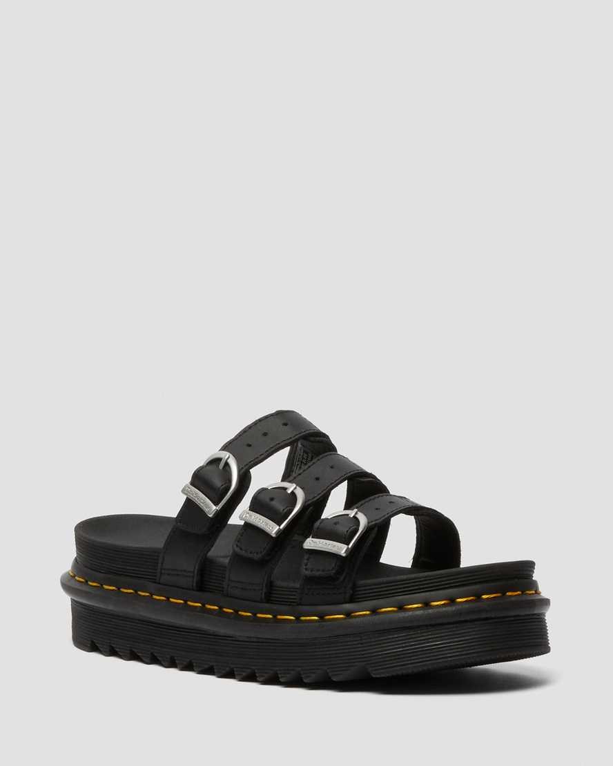 Women\'s Dr Martens Blaire Leather Slide Sandals Black Hydro Leather | 571ACPRQK