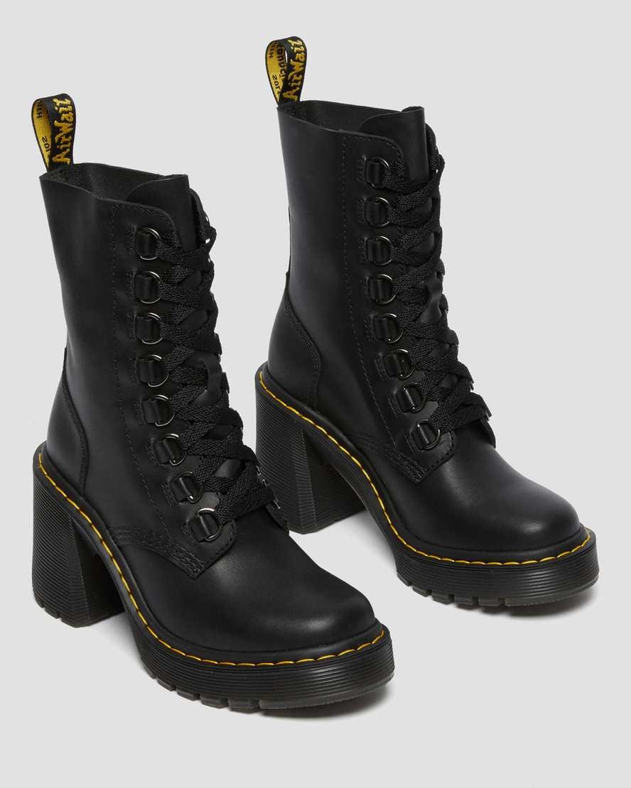 Women's Dr Martens Chesney Leather Flared Heel Lace Up Boots Black Sendal | 521NVPETZ