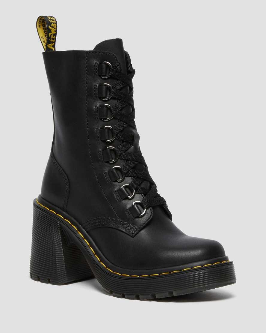 Women's Dr Martens Chesney Leather Flared Heel Lace Up Boots Black Sendal | 521NVPETZ