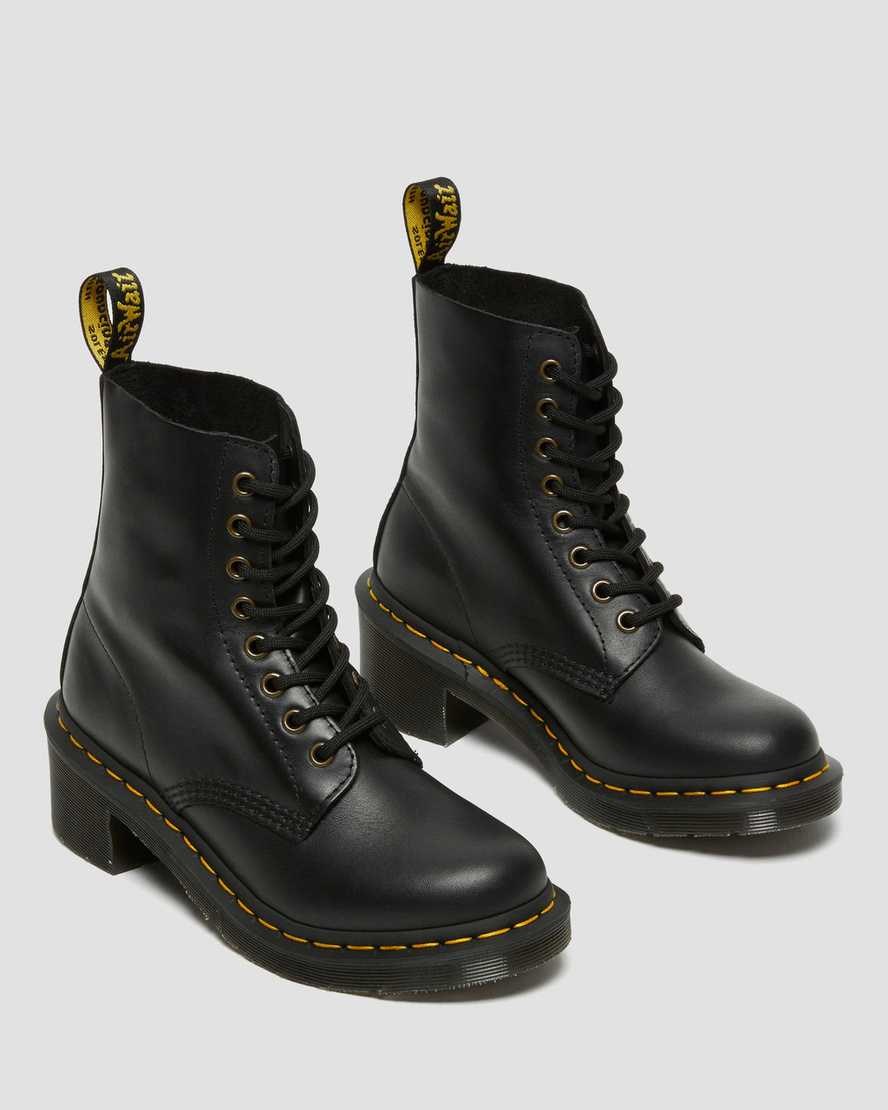 Women's Dr Martens Clemency Leather Heeled Lace Up Boots Black Wanama | 793SIXMEB