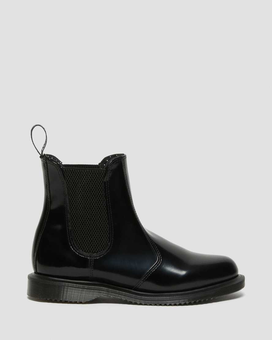 Women's Dr Martens Flora Smooth Leather Ankle Boots Black Polished Smooth | 320RLZYMU