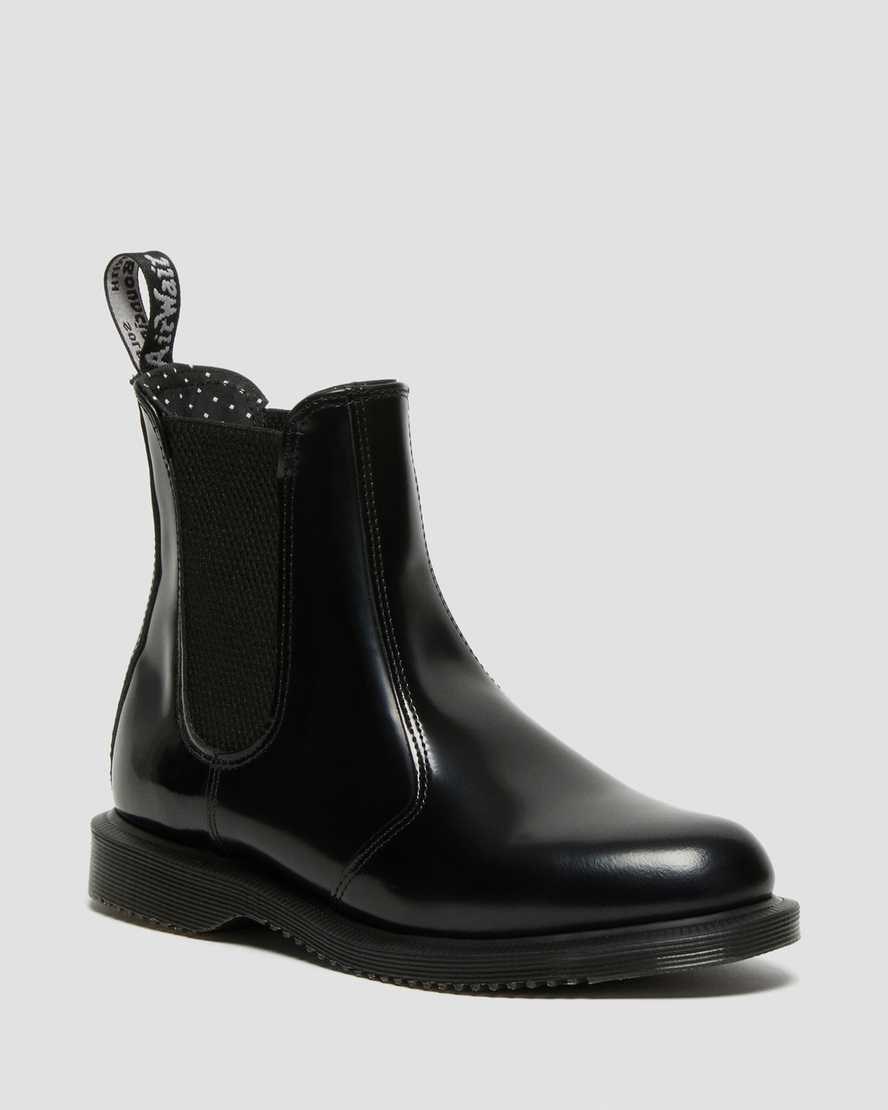 Women's Dr Martens Flora Smooth Leather Ankle Boots Black Polished Smooth | 320RLZYMU