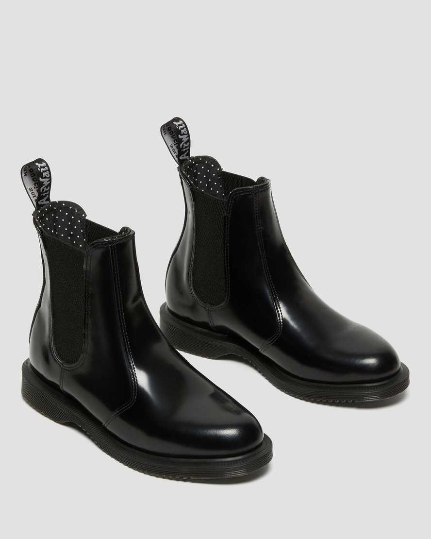 Women's Dr Martens Flora Smooth Leather Ankle Boots Black Polished Smooth | 320RLZYMU