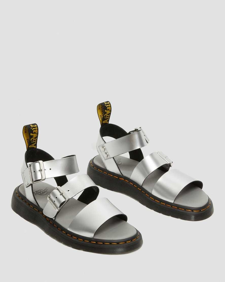 Women's Dr Martens Gryphon Metallic Leather Gladiator Sandals Silver | 612LAKJSQ