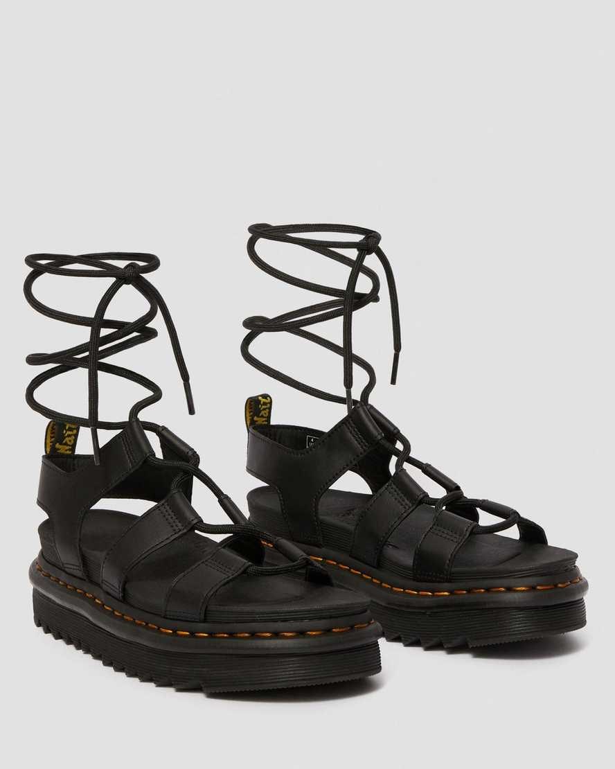 Women's Dr Martens Nartilla Leather Gladiator Sandals Black Hydro Leather | 813ROZNUD