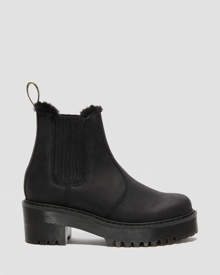 Women's Dr Martens Rometty Faux Fur Leather Heeled Boots Black Moldova | 042GWAEFH