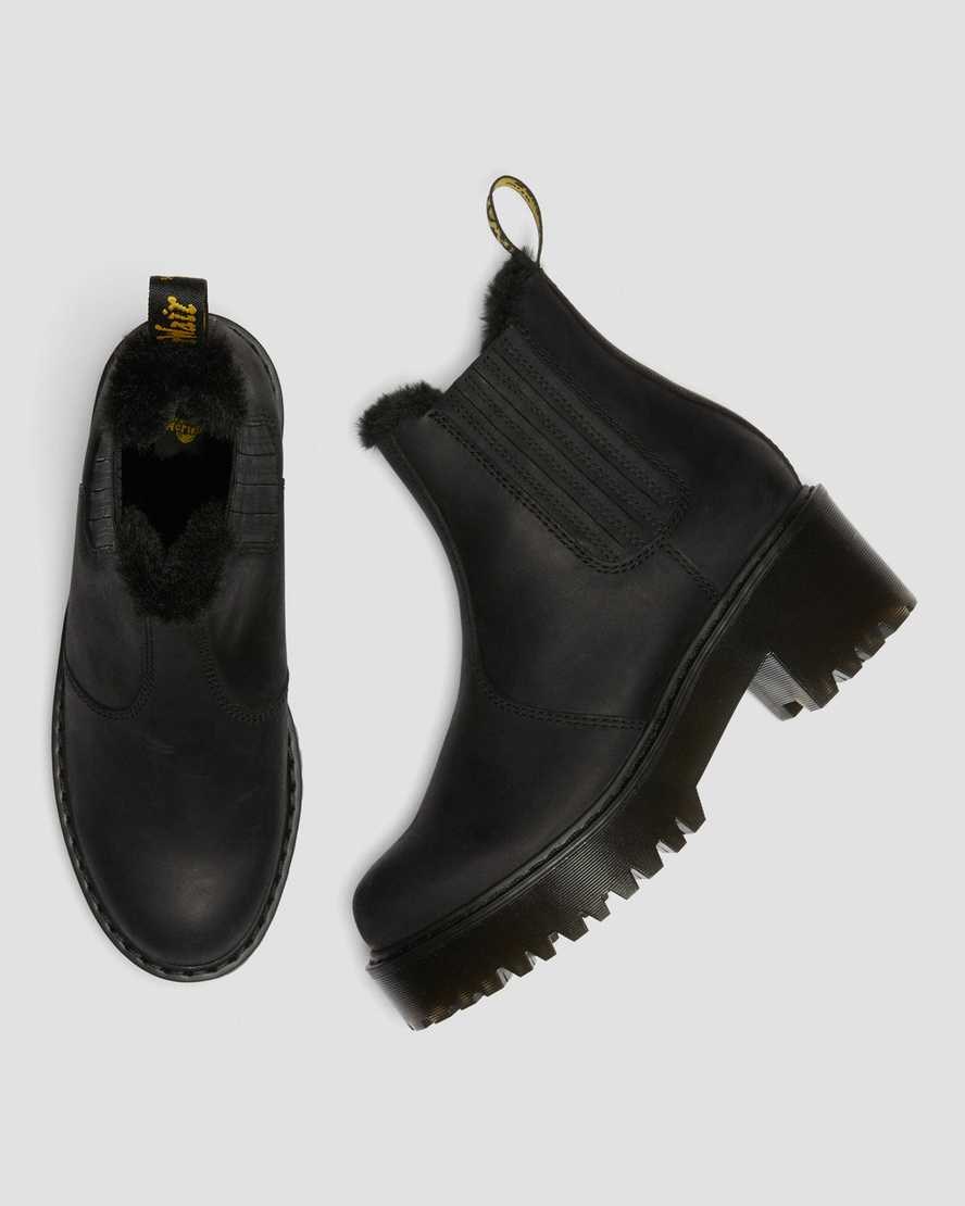 Women's Dr Martens Rometty Faux Fur Leather Heeled Boots Black Moldova | 042GWAEFH