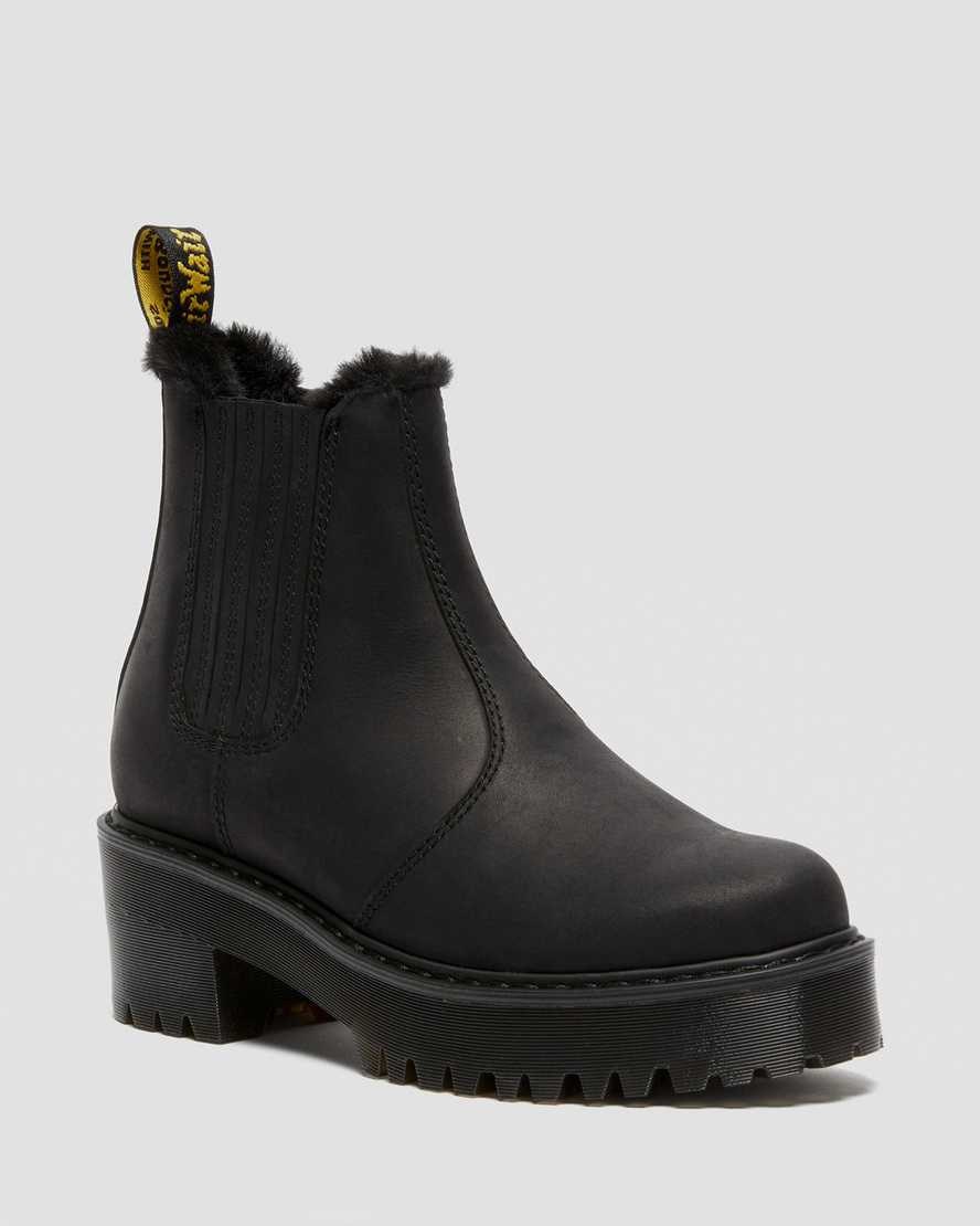 Women's Dr Martens Rometty Faux Fur Leather Heeled Boots Black Moldova | 042GWAEFH