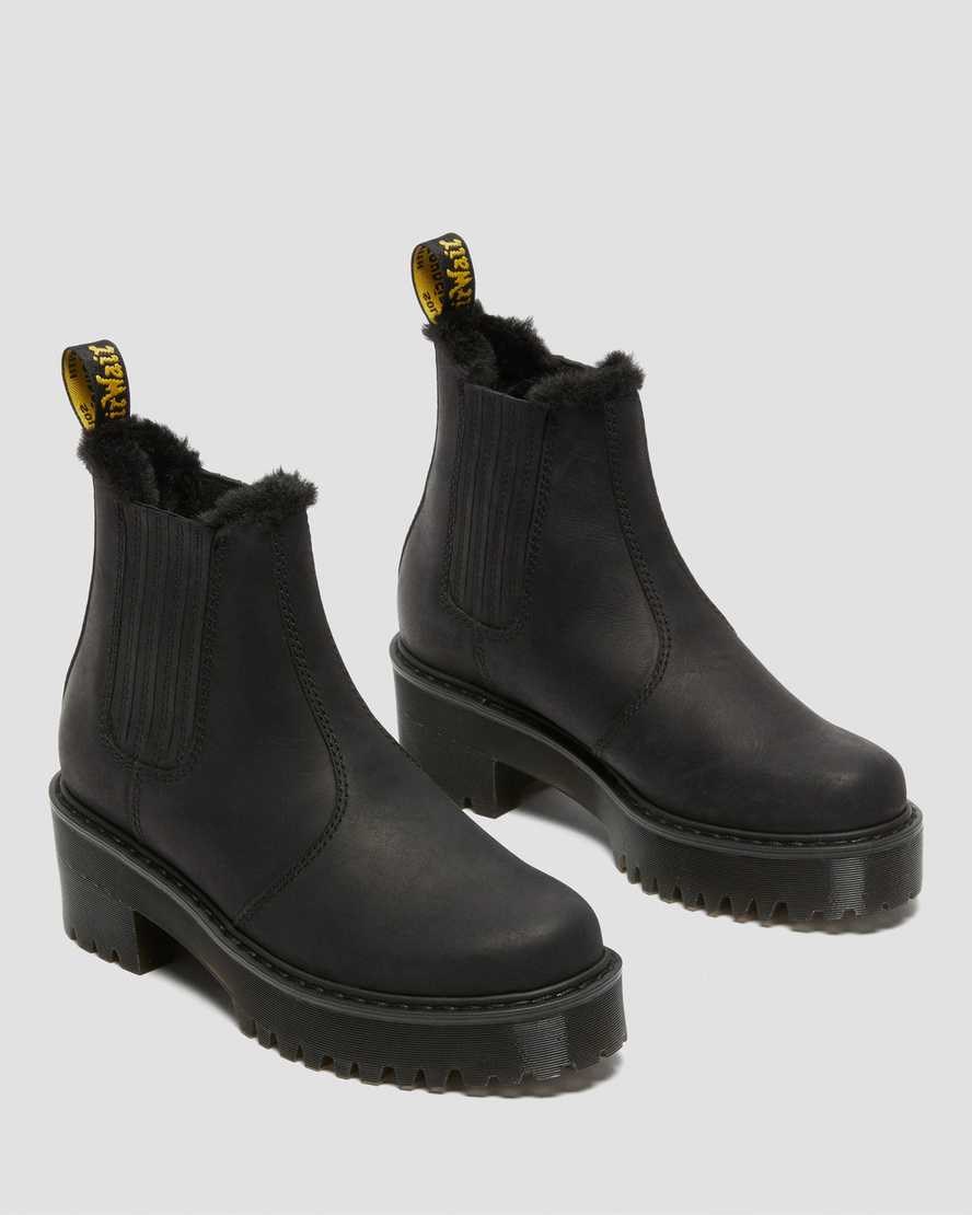 Women's Dr Martens Rometty Faux Fur Leather Heeled Boots Black Moldova | 042GWAEFH