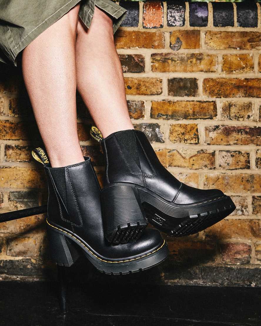 Women's Dr Martens Spence Leather Flared Heeled Boots Black Sendal | 924VXYBDT