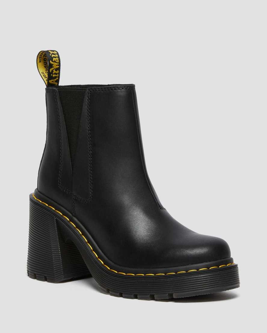 Women's Dr Martens Spence Leather Flared Heeled Boots Black Sendal | 924VXYBDT