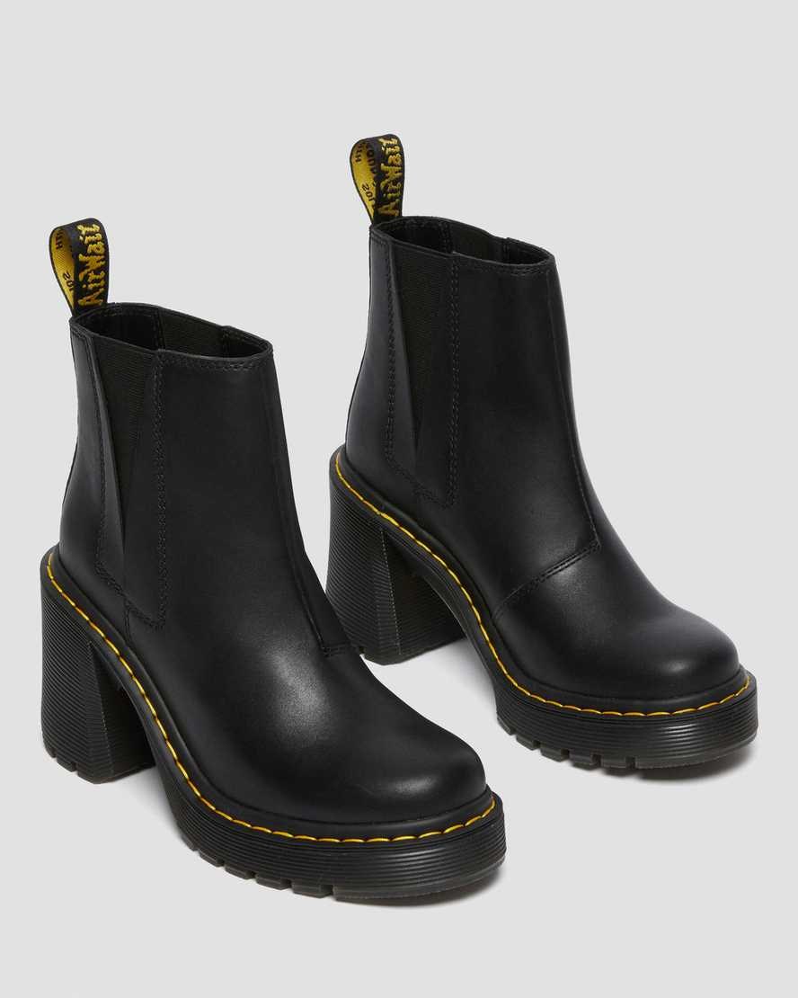 Women's Dr Martens Spence Leather Flared Heeled Boots Black Sendal | 924VXYBDT