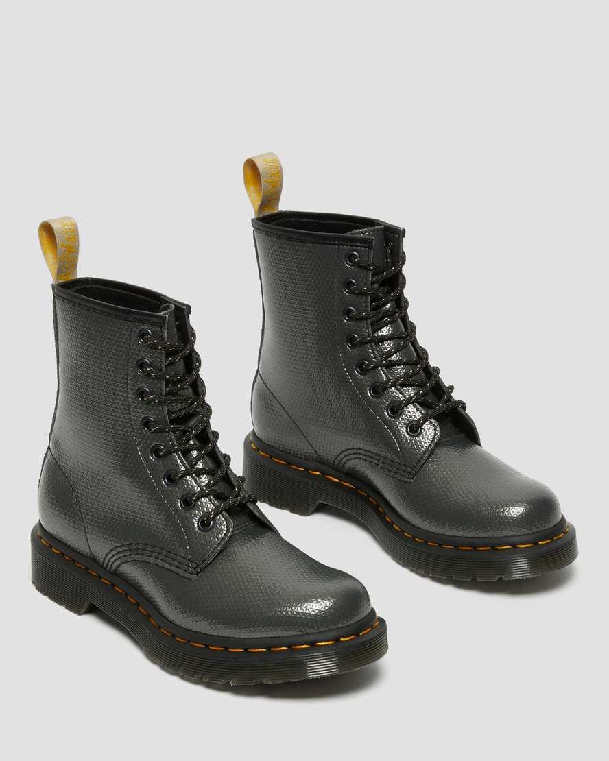 Women's Dr Martens Vegan 1460 Metallic Emboss Lace Up Boots Grey Alumix Hex Emboss | 128DJLVZU