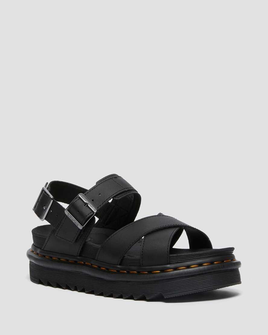 Women\'s Dr Martens Voss II Leather Strap Sandals Black Hydro Leather | 235PKMTRF