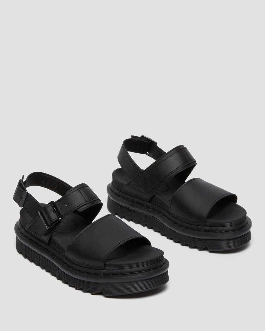 Women's Dr Martens Voss Leather Strap Sandals Black Hydro Leather | 057DEYOTJ